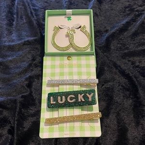 New Piper K Lucky Horseshoe earrings a hair clip set St Patrick’s Green bling